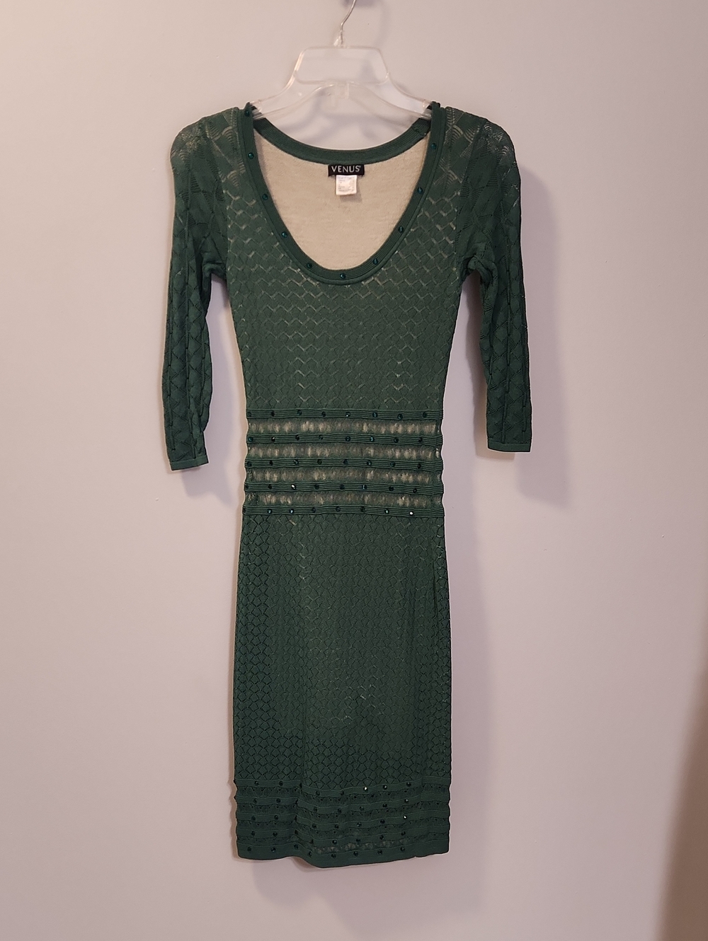 VENUS Dark Green Scoop-Neck Midi Dress with Stud Accents